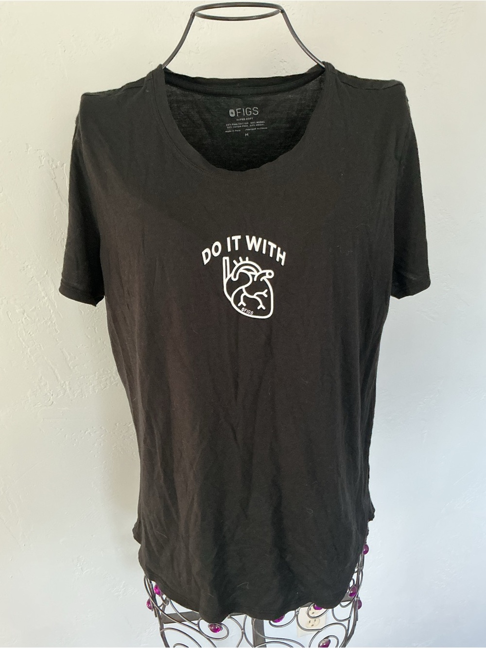 FIGS Black Short-Sleeve Tee with White 'Do It With' Heart Graphic